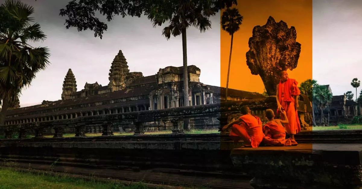 Monjes budistas descansando fuera de Angkor Wat, Camboya
